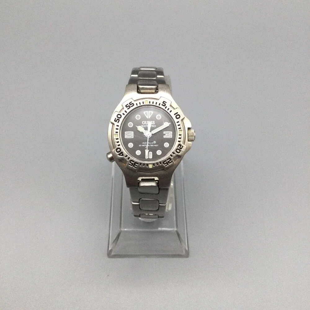 Vintage GUESS Womens Watch 24mm Black Dial Waterpro Indiglo New Battery 6